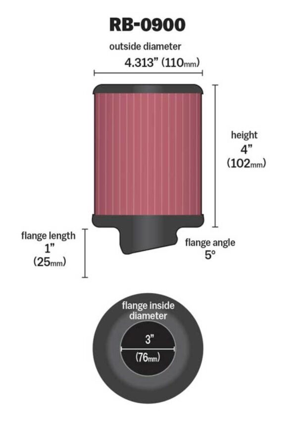 K&N RB-0900 Universal Rubber Filter Dimensions