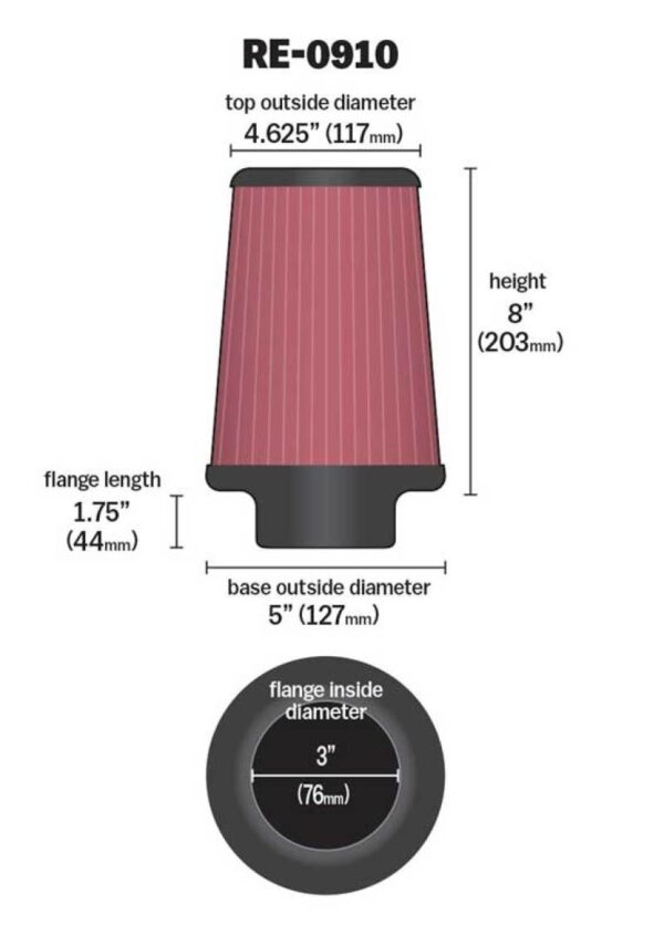K&N RU-0910 Universal Rubber Filter dimensions