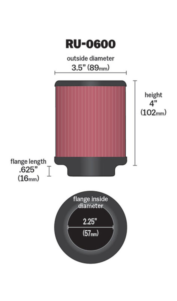 K&N RU-0600 Universal Rubber Filter dimensions