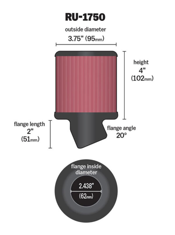 K&N RU-1750 Universal Rubber Filter dimensions