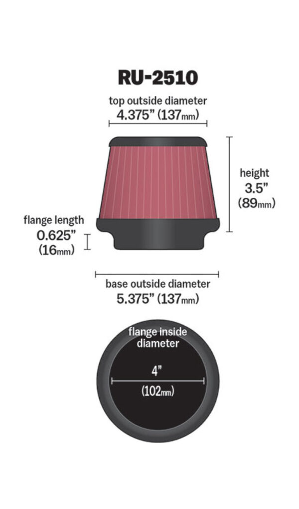 K&N RU-2510 Universal Rubber Filter dimensions