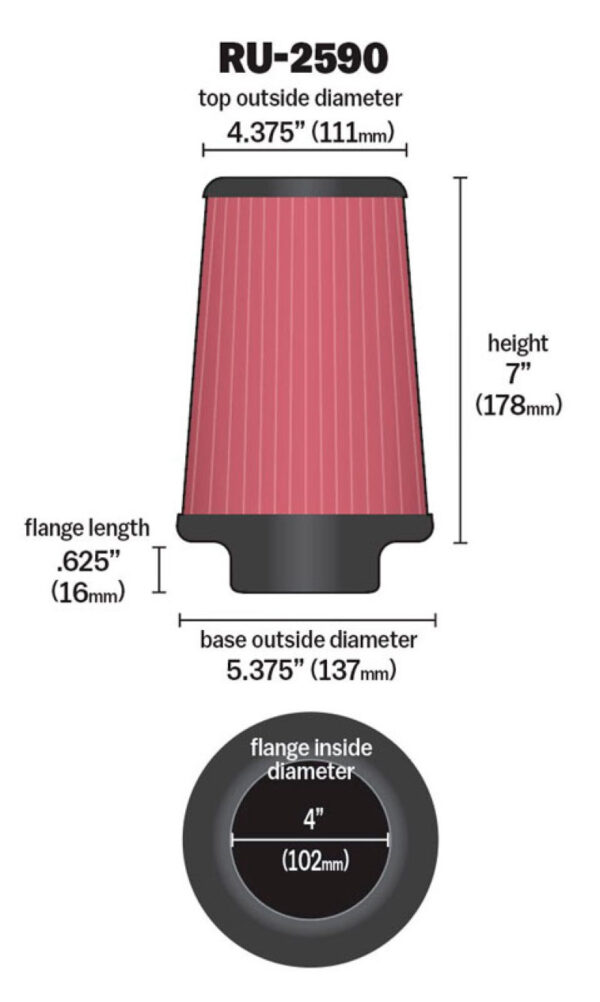 K&N RU-2590 Universal Rubber Filter dimensions