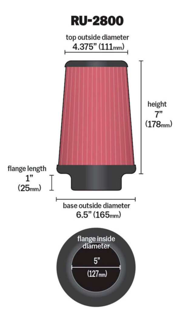 K&N RU-2800 Universal Rubber Filter dimensions