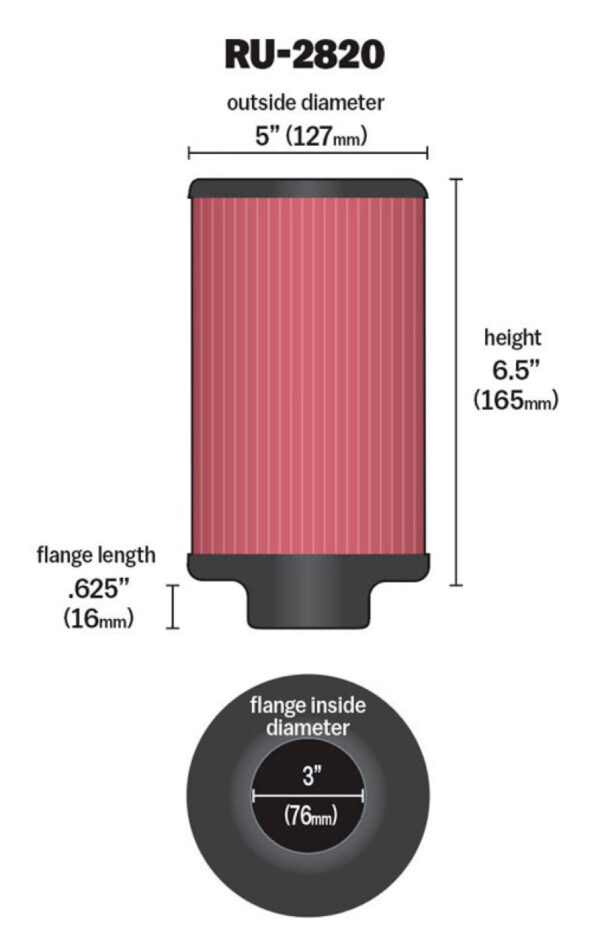 K&N RU-2820 Universal Clamp-On Air Filter dimensions