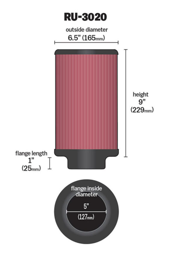 K&N RU-3020 Universal Rubber Filter dimensions