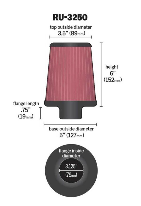 K&N RU-3250 Universal Clamp-On Air Filter dimensions
