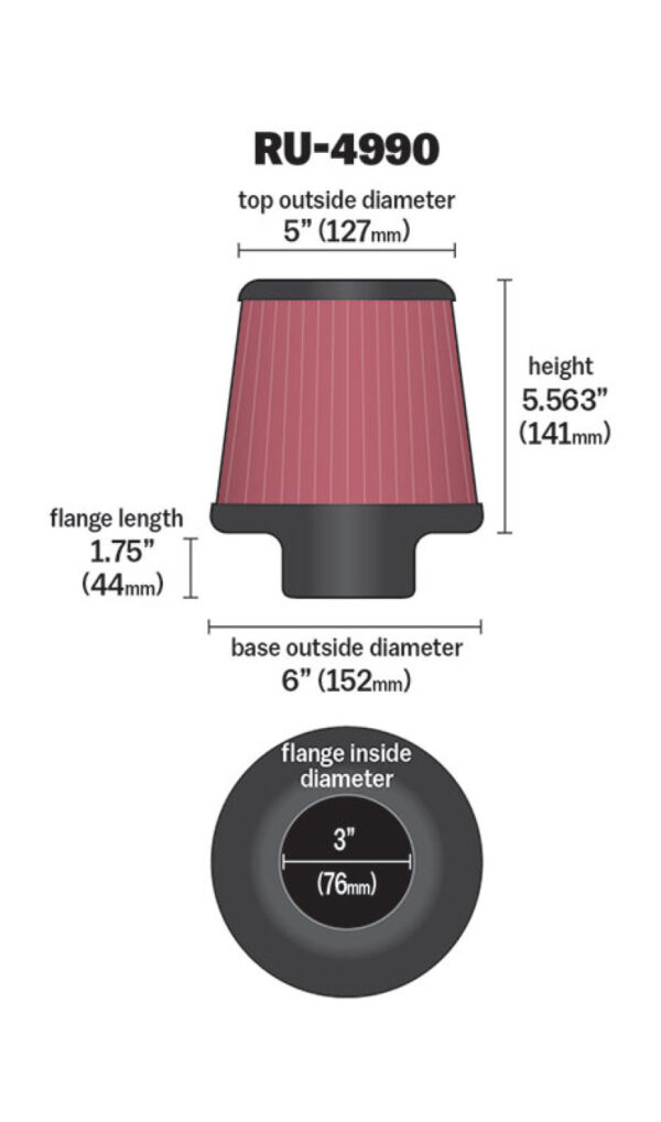 K&N RU-4990 Universal Rubber Filter dimensions