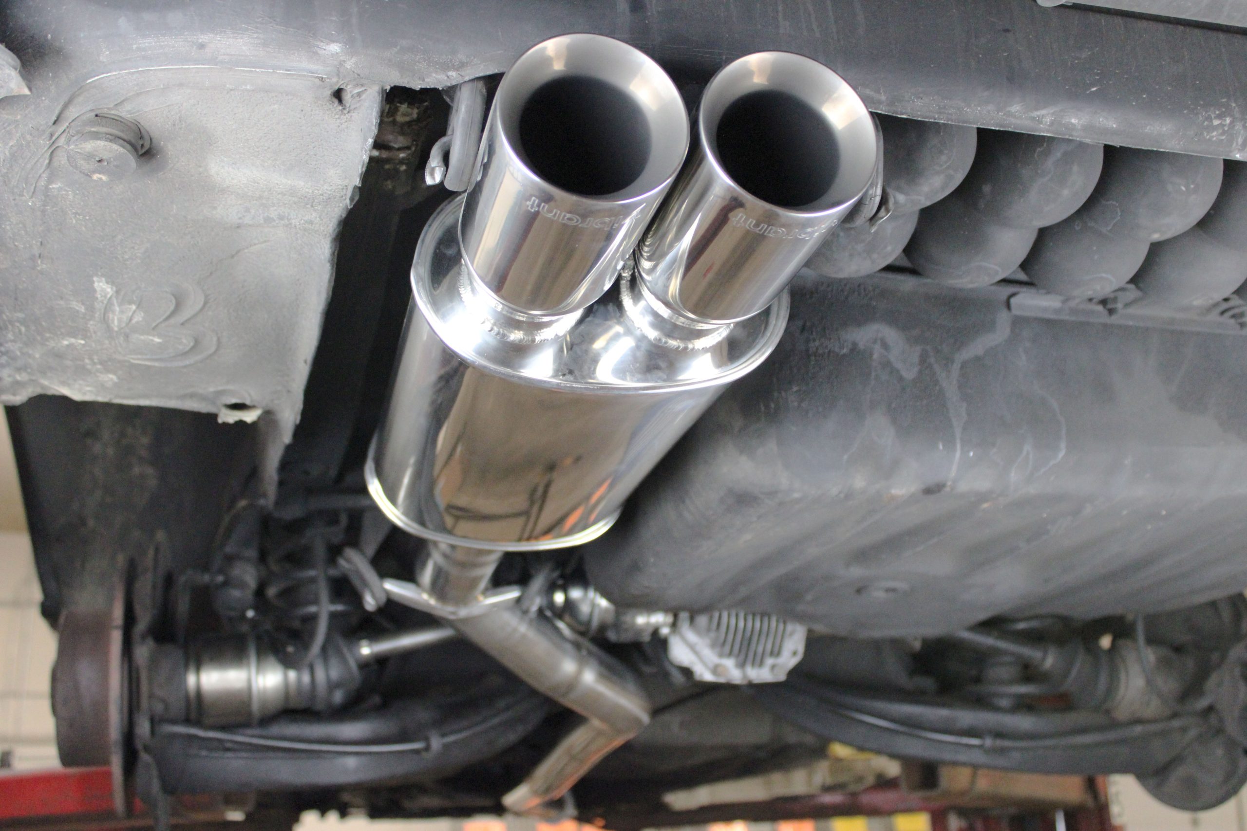 Vibrant 1047 muffler with custom stainless exhaust on 1985 Mercedes 300TD